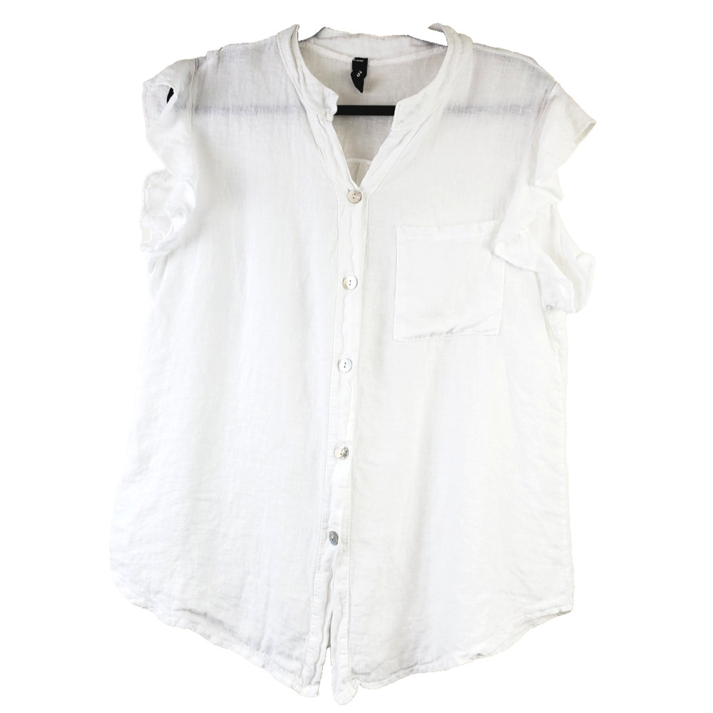 Venti6 Womens‎ Medium White Linen Top Ruffle Sleeve Beach Bohemian Button Front